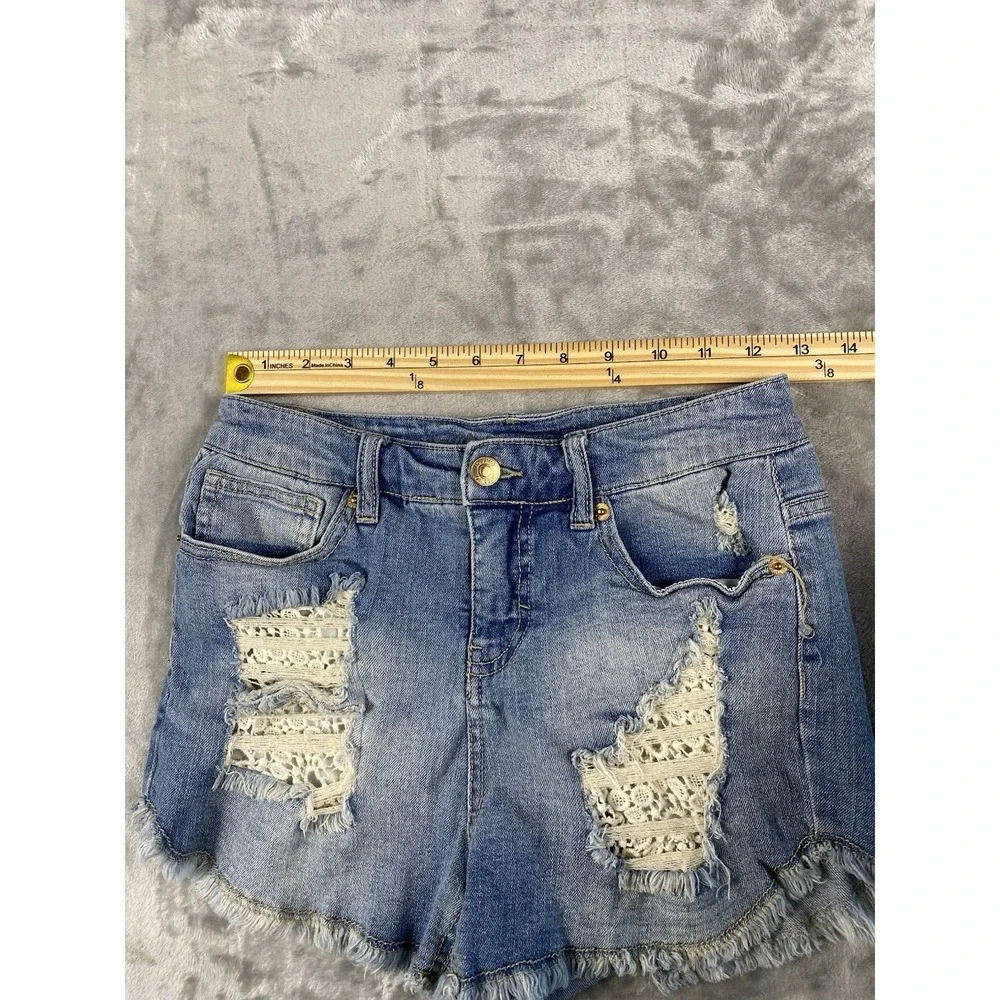 Mossimo Denim Shorts Womens Sz 4/27 High Rise Shortie Destroyed Lace Embellished
